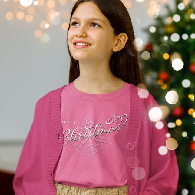 Frohe Weihnachten Silver Snowflake T-Shirt (Merry Christmas calligraphy script pink t shirt)