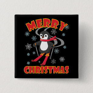 Frohe Weihnachten Skiing Penguin Button