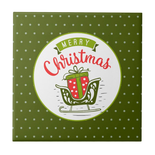 Frohe Weihnachten Sleigh Red Green Snowflake Muste Fliese (Vorderseite)