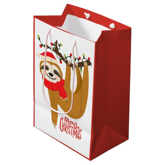 Frohe Weihnachten Sloth | Urlaub Mittlere Geschenktüte (Vorderseite Schrägansicht)