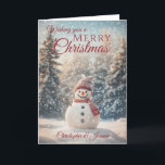 Frohe Weihnachten Snowman<br><div class="desc">Eine schöne Weihnachtssaison Snowman Weihnachtskarte bestehend aus einer Winterschneeszene mit einem lächelnden Schneemann mit einem Hut und Schal umgeben von schneebedeckten Tannenbäumen Alle Texte können angepasst werden , dann personalisieren mit Namen (s) und in der Nachricht.</div>