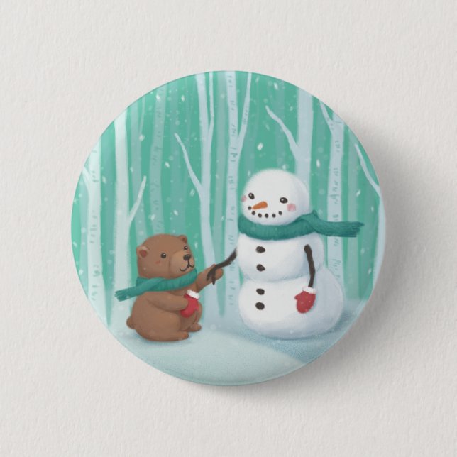 Frohe Weihnachten: Snowman & Bären Illustration Ar Button (Vorderseite)