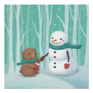 Frohe Weihnachten: Snowman & Bären Illustration Ar Poster