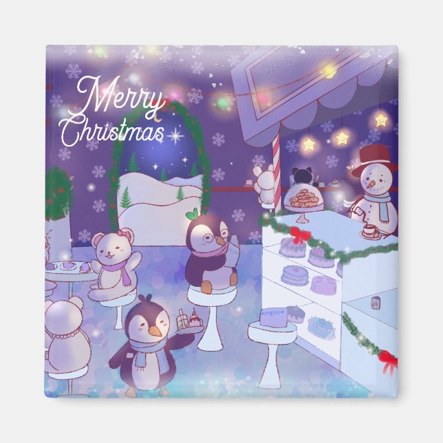 Frohe Weihnachten Snowman Cafe Magnet (Vorne)