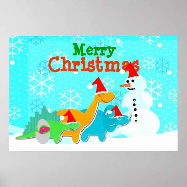 Frohe Weihnachten Snowman & Dinosaurier Poster (Vorne)