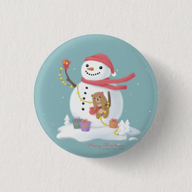 Frohe Weihnachten: Snowman Illustration Art Button (Vorderseite)