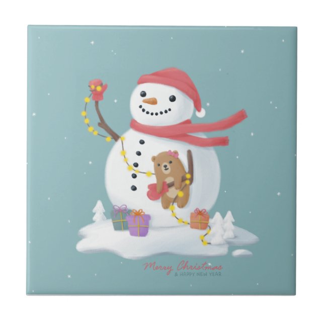 Frohe Weihnachten: Snowman Illustration Art Fliese (Vorderseite)