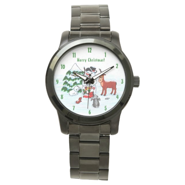 Frohe Weihnachten! Snowman mit Freunden Armbanduhr (Vorderseite)