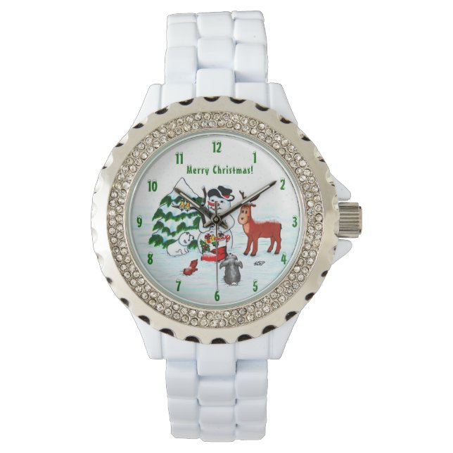 Frohe Weihnachten! Snowman mit Freunden Armbanduhr (Vorderseite)