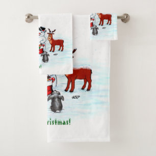 Frohe Weihnachten! Snowman mit Freunden Badhandtuch Set