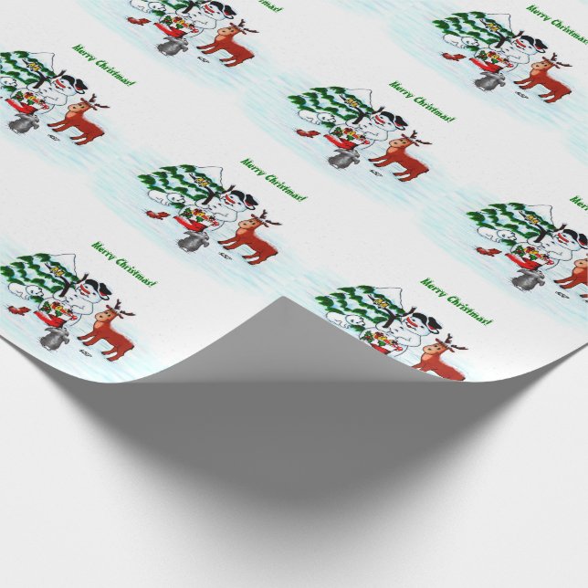 Frohe Weihnachten! Snowman mit Freunden Geschenkpapier (Ecke)