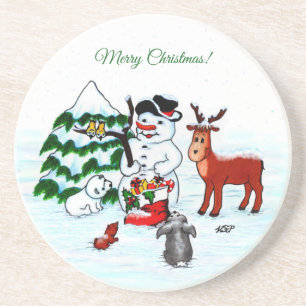 Frohe Weihnachten! Snowman mit Freunden Getränkeuntersetzer