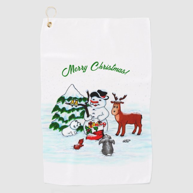 Frohe Weihnachten! Snowman mit Freunden Golfhandtuch (Vorderseite)