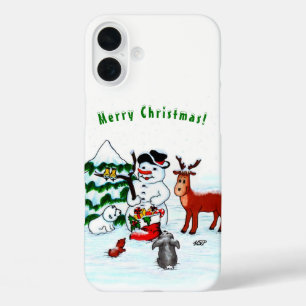 Frohe Weihnachten! Snowman mit Freunden iPhone 16 Plus Hülle