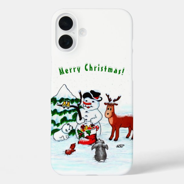 Frohe Weihnachten! Snowman mit Freunden iPhone 16 Plus Hülle (Rückseite)