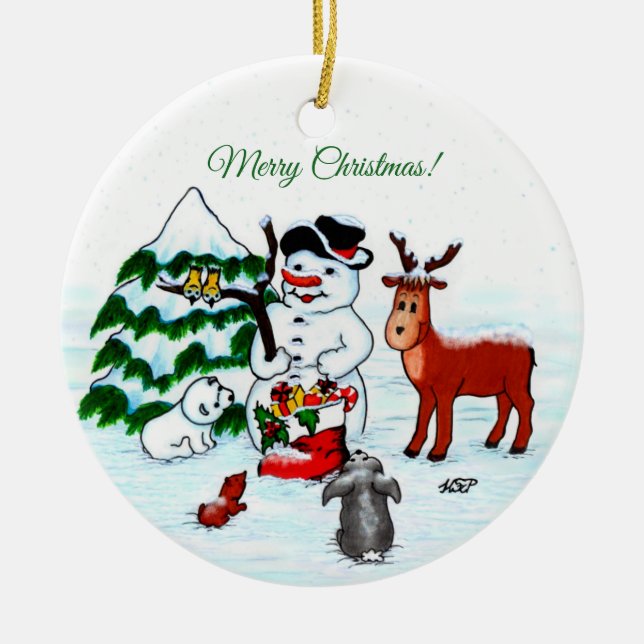 Frohe Weihnachten! Snowman mit Freunden Keramik Ornament (Vorne)