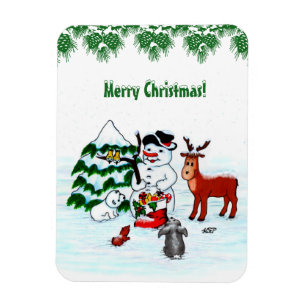 Frohe Weihnachten! Snowman mit Freunden Magnet