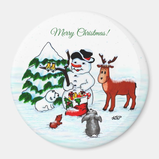 Frohe Weihnachten! Snowman mit Freunden Magnet (Vorne)