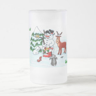 Frohe Weihnachten! Snowman mit Freunden Mattglas Bierglas
