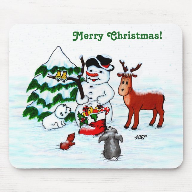 Frohe Weihnachten! Snowman mit Freunden Mousepad (Vorne)