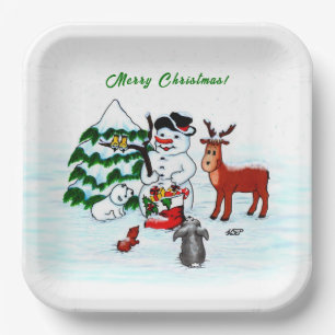 Frohe Weihnachten! Snowman mit Freunden Pappteller