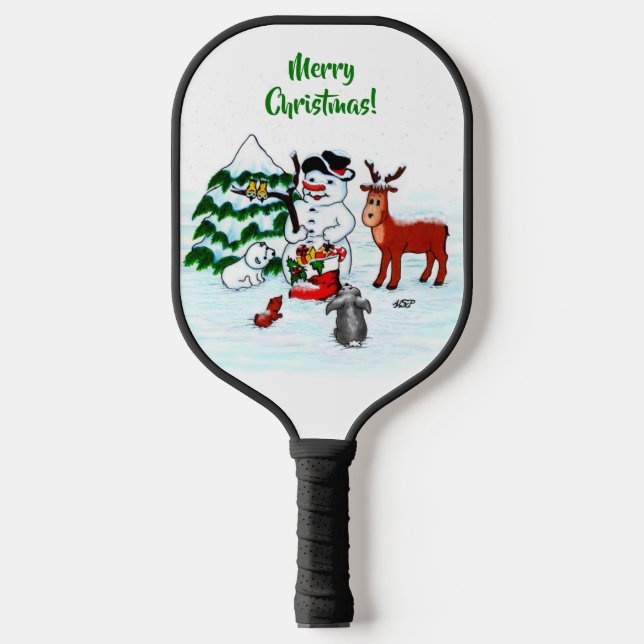 Frohe Weihnachten! Snowman mit Freunden Pickleball Schläger (Vorderseite)