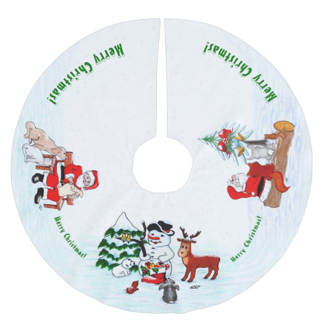 Frohe Weihnachten! Snowman mit Freunden Polyester Weihnachtsbaumdecke (Vorderseite)