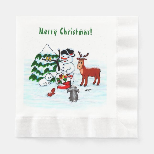 Frohe Weihnachten! Snowman mit Freunden Serviette (Vorderseite)