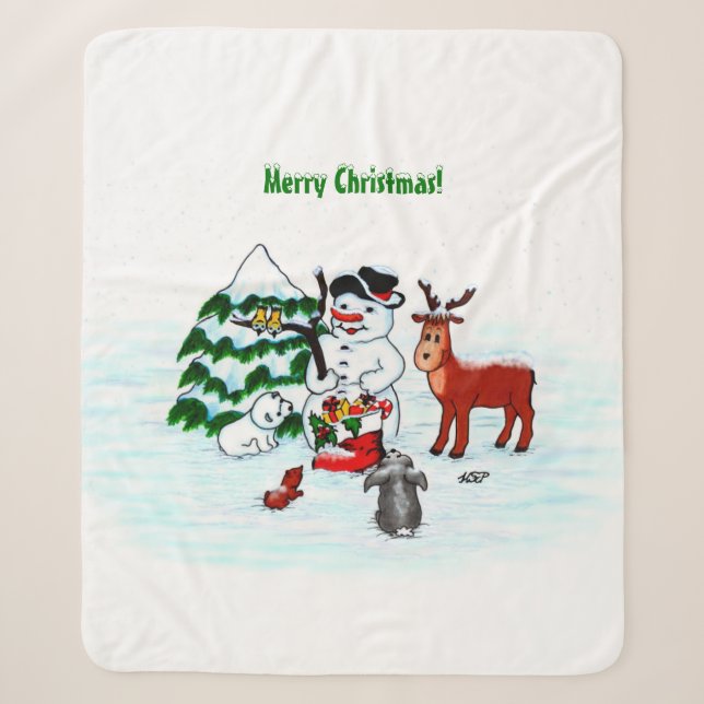 Frohe Weihnachten! Snowman mit Freunden Sherpadecke (Vorderseite)