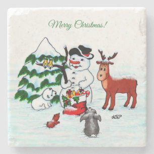 Frohe Weihnachten! Snowman mit Freunden Steinuntersetzer