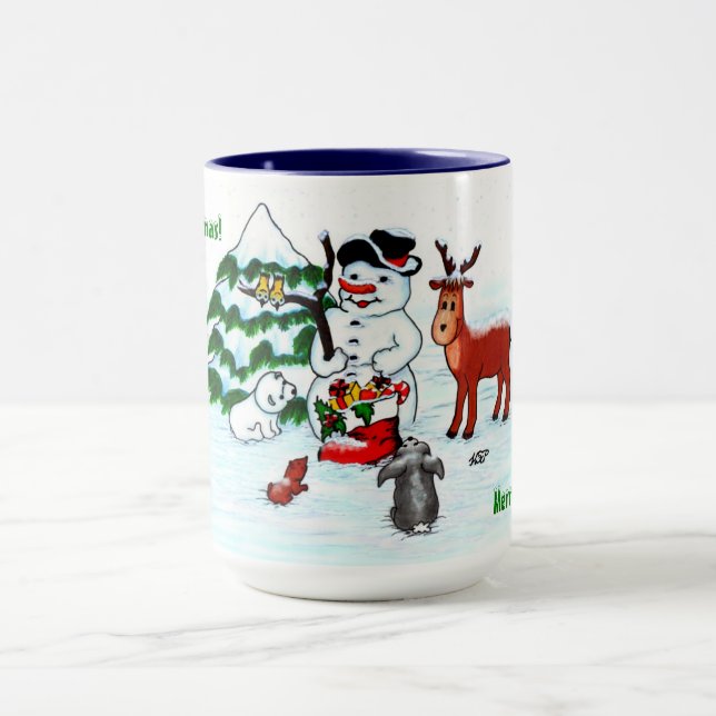 Frohe Weihnachten! Snowman mit Freunden Tasse (Zentrum)
