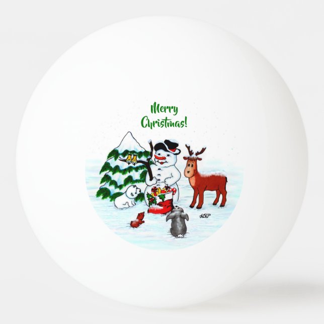 Frohe Weihnachten! Snowman mit Freunden Tischtennisball (Vorderseite)