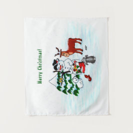 Frohe Weihnachten! Snowman mit Freunden Wandteppich
