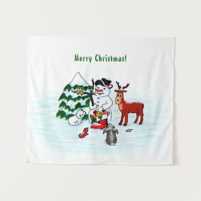 Frohe Weihnachten! Snowman mit Freunden Wandteppich (Vorderseite (Horizontal))