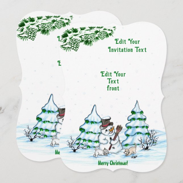 Frohe Weihnachten! Snowman mit Katze und Welpe Inv Einladung (Vorne/Hinten)