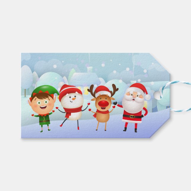 Frohe Weihnachten Snowman Santa Claus Rudolph Elf Geschenkanhänger (Vorderseite (Horizontal))