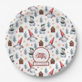 Frohe Weihnachten Snowman Snowflakes Monogram Pappteller