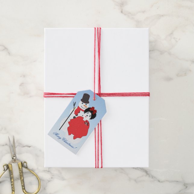 Frohe Weihnachten! Snowman & Woman Geschenketikett Geschenkanhänger (Mit Garn)