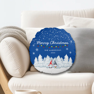 Frohe Weihnachten Snowy Gnomes Rundes Kissen