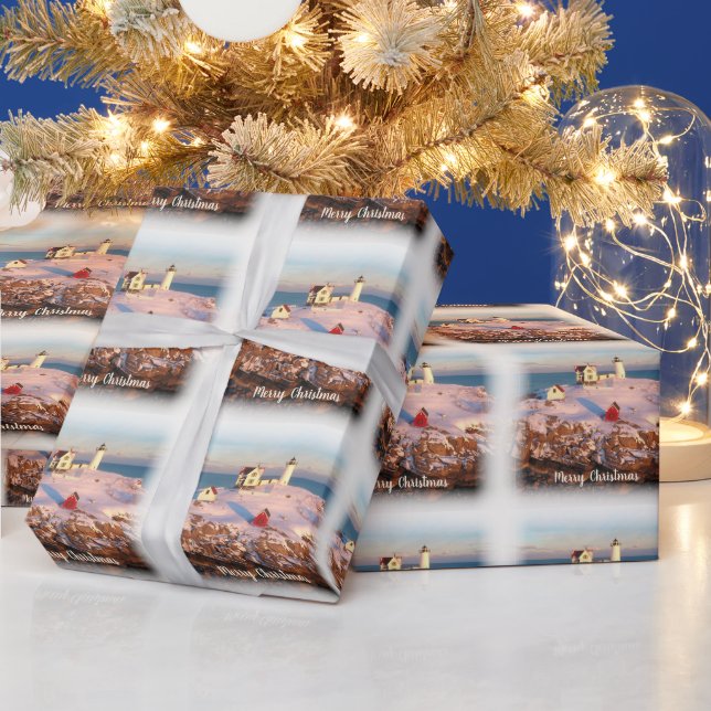 Frohe Weihnachten Snowy Maine Lighthouse Geschenkpapier (Feiertage)
