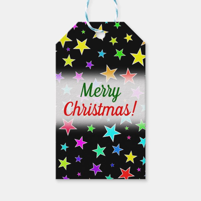 "Frohe Weihnachten!" + Spaß, buntes Sternenmuster Geschenkanhänger (Vorderseite)