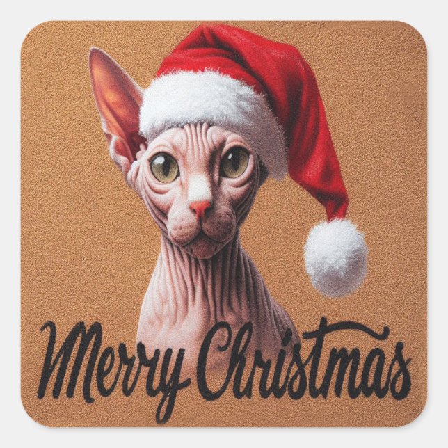Frohe Weihnachten Sphynx Cat, Xmas Santa Sphynx Quadratischer Aufkleber (Vorderseite)