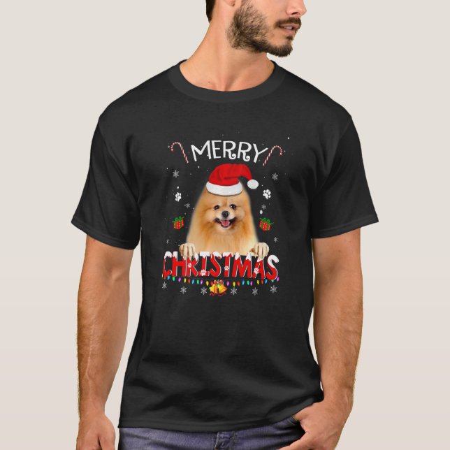 Frohe Weihnachten Spitz Hund Weihnachtsmannmütze L T-Shirt (Vorderseite)