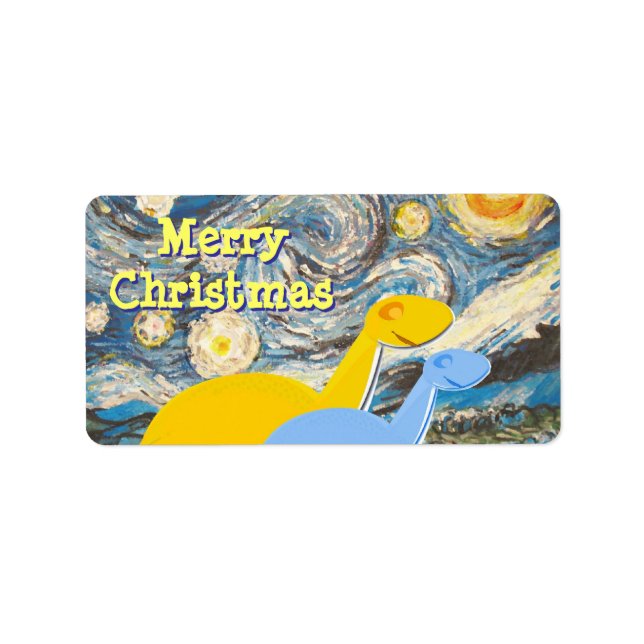 Frohe Weihnachten Starry Night Dinos Label Sticker Adressaufkleber (Vorne)