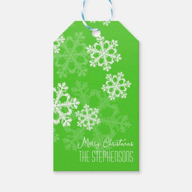 Frohe Weihnachten Stilvolle Green Snowflakes Muste Geschenkanhänger (Vorderseite)