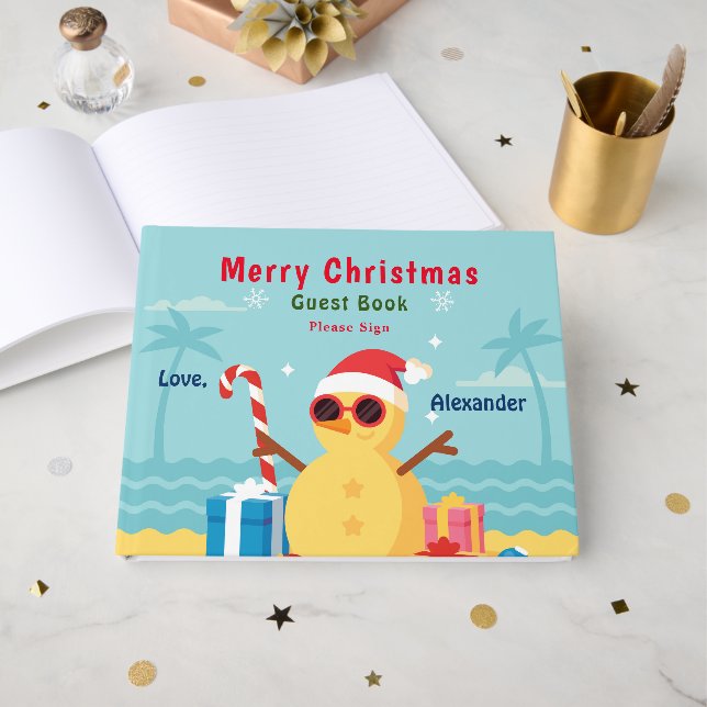 Frohe Weihnachten Strand Santa Fun Persönlich Gästebuch (Vorderseite Offen)