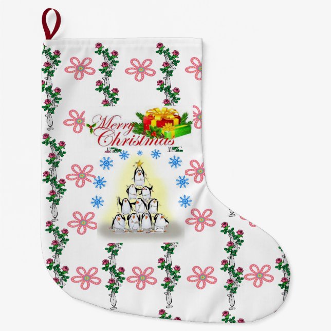 Frohe Weihnachten Strumpf, Floral Pinguin Großer Weihnachtsstrumpf (Vorderseite)