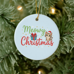 Frohe Weihnachten - Süße Katze und Geschenkbox Fei Keramik Ornament