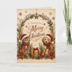 Frohe Weihnachten Süße Katze und Hund Grußkarte Karte