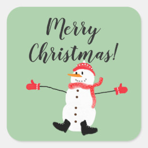 Frohe Weihnachten Süßer Schneemann auf Salbeigrün Quadratischer Aufkleber